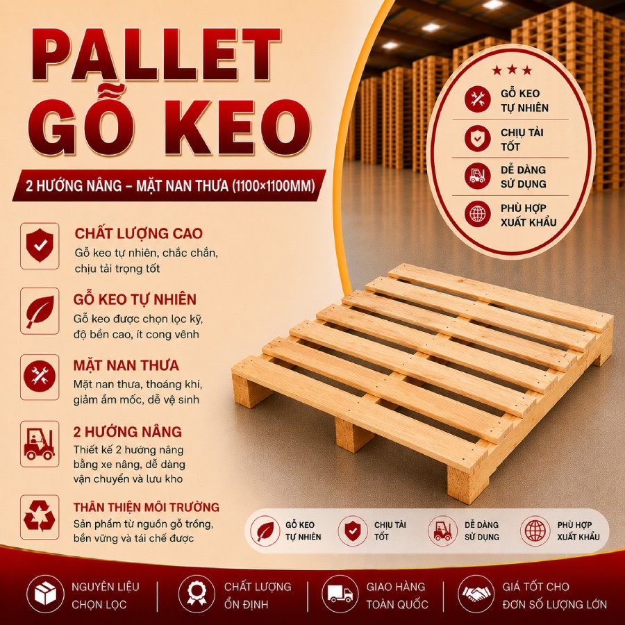 Pallet gỗ keo 2 hướng nâng mặt nan thưa (1100x1100mm)