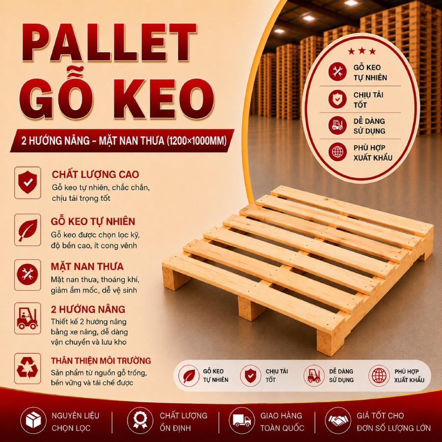 Pallet gỗ keo 2 hướng nâng mặt nan thưa (1200x1000mm)