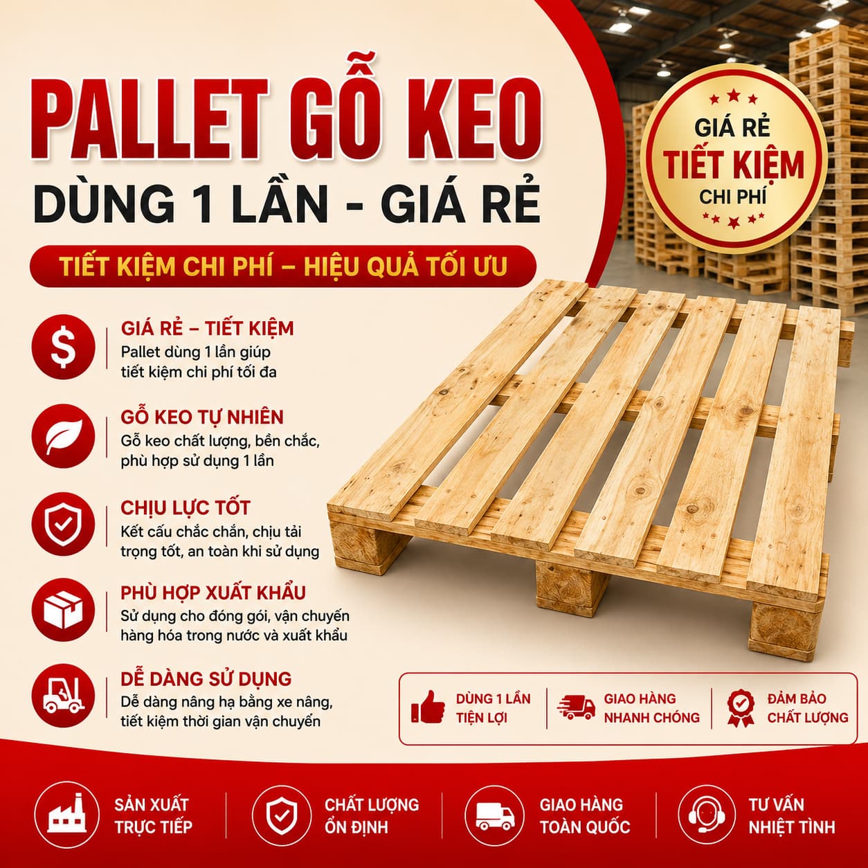 Pallet gỗ keo dùng 1 lần – Giá rẻ