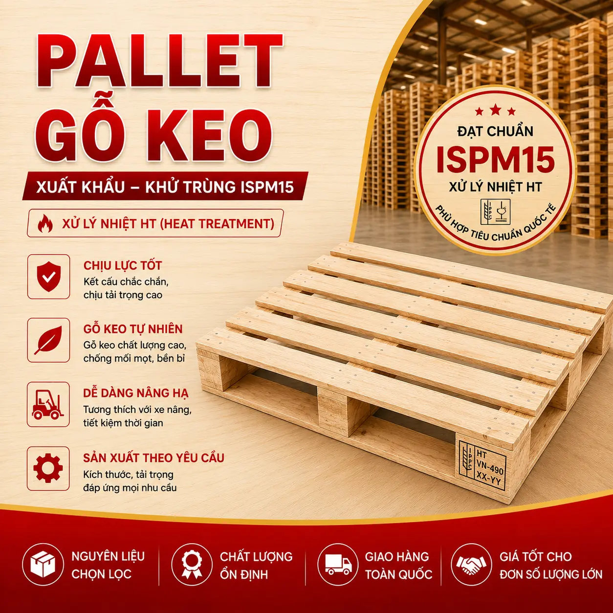 Pallet gỗ keo xuất khẩu khử trùng ISPM15 (Xử lý nhiệt HT)