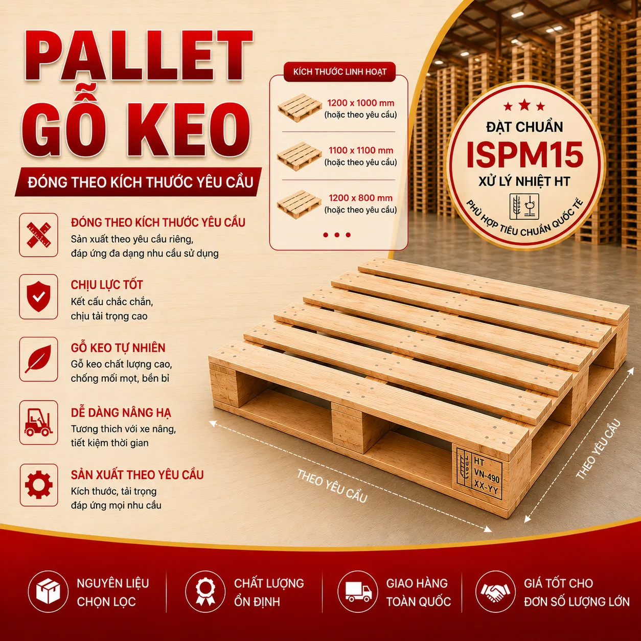 Pallet gỗ keo đóng theo kích thước yêu cầu