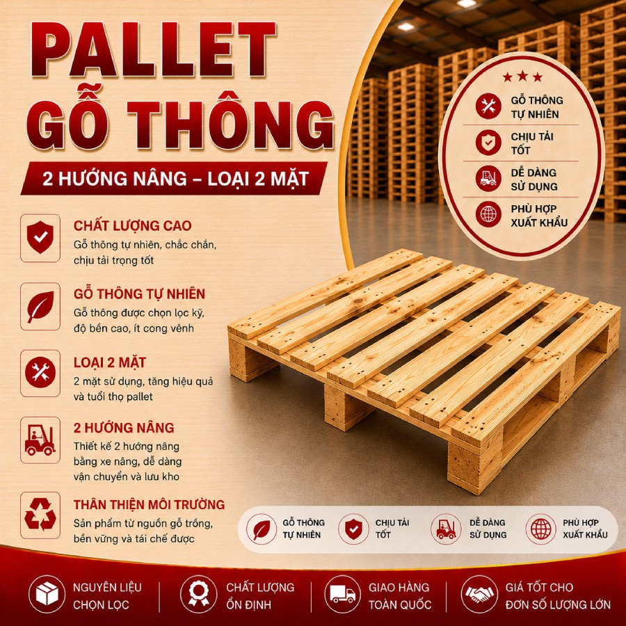 Pallet gỗ thông 2 hướng nâng loại 2 mặt