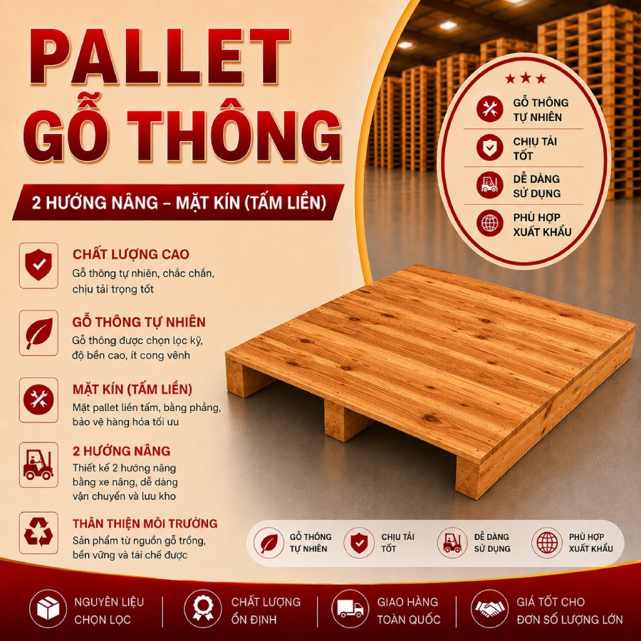 Pallet gỗ thông 2 hướng nâng mặt kín (Tấm liền)