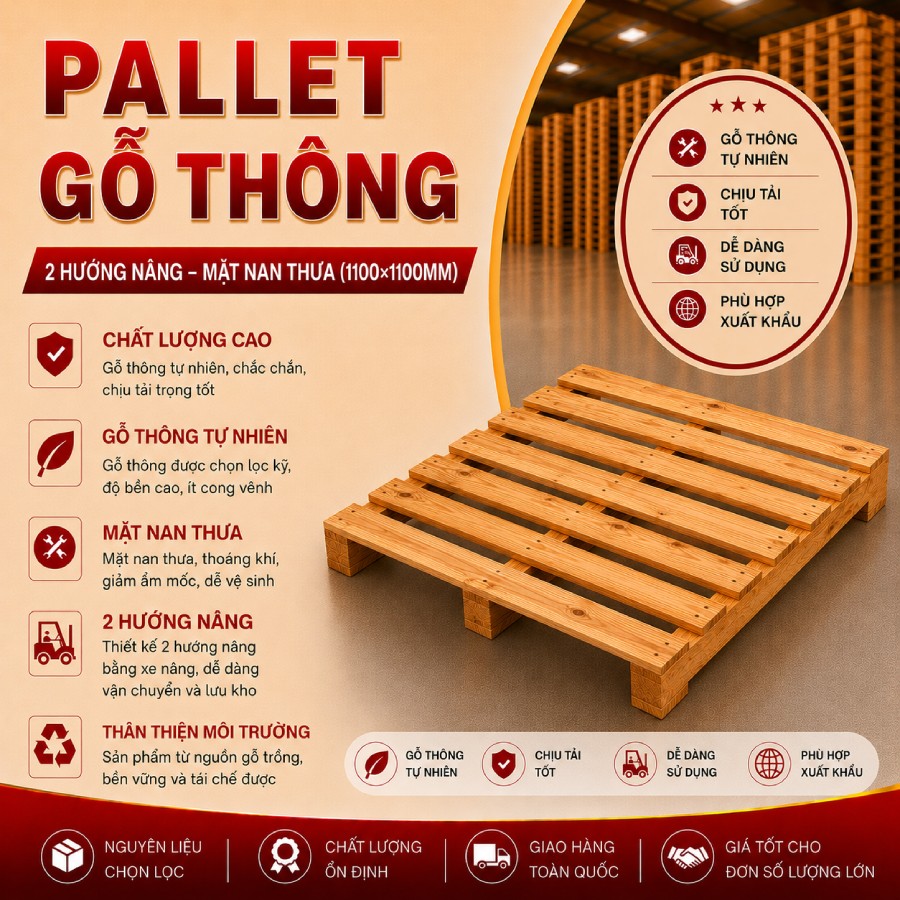 Pallet gỗ thông 2 hướng nâng mặt nan thưa (1100x1100mm)