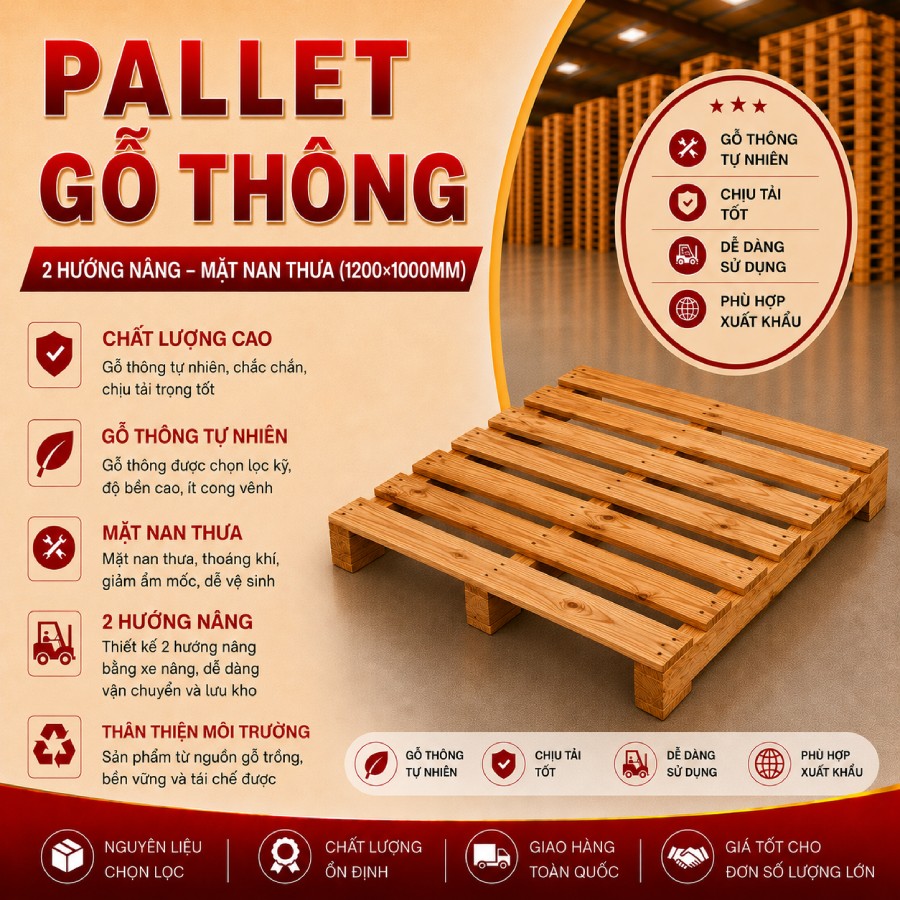 Pallet gỗ thông 2 hướng nâng mặt nan thưa (1200x1000mm)