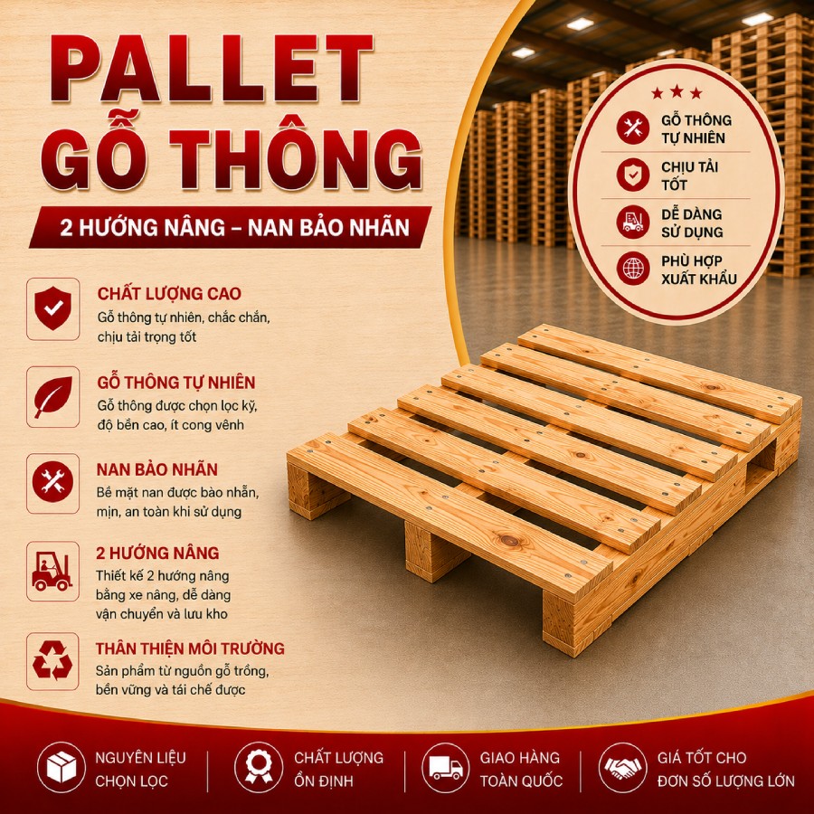 Pallet gỗ thông 2 hướng nâng nan bào nhẵn