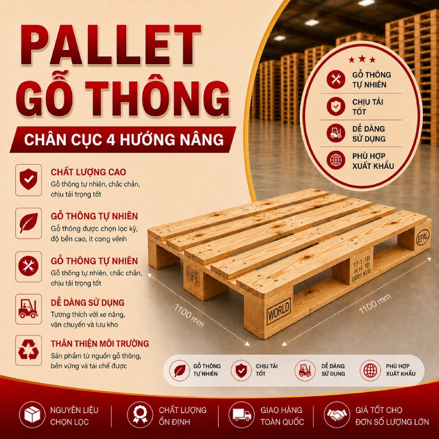 Pallet gỗ thông chân cục 4 hướng nâng (1100x1100mm)