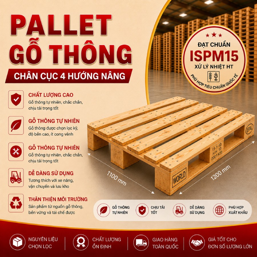 Pallet gỗ thông chân cục 4 hướng nâng (1200x1100mm)